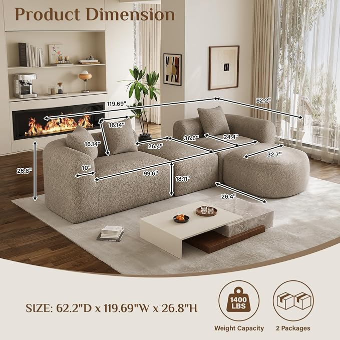 120 Curved Sectional Sofa Brown Cloud Couch Boneless Modular Sectional Couch for Living Room Oversized L Shaped Curved Couches Comfy Modern Sofa Plush Chenille with Ottoman Brown