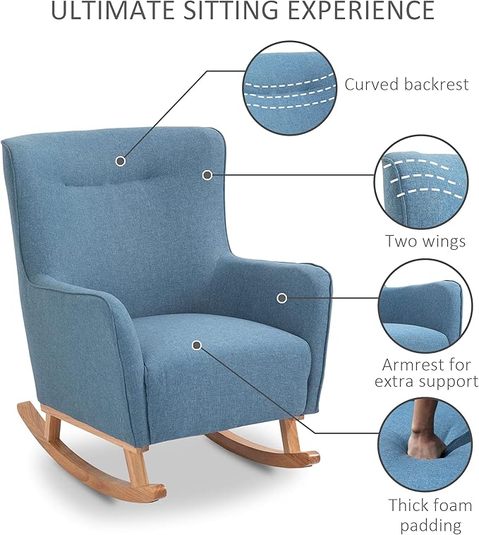 HOMCOM Modern Rocking Chair Sofa Armchair Modern Accent Chair with Thick Padding Winged Back for Living Room or Bedroom Blue