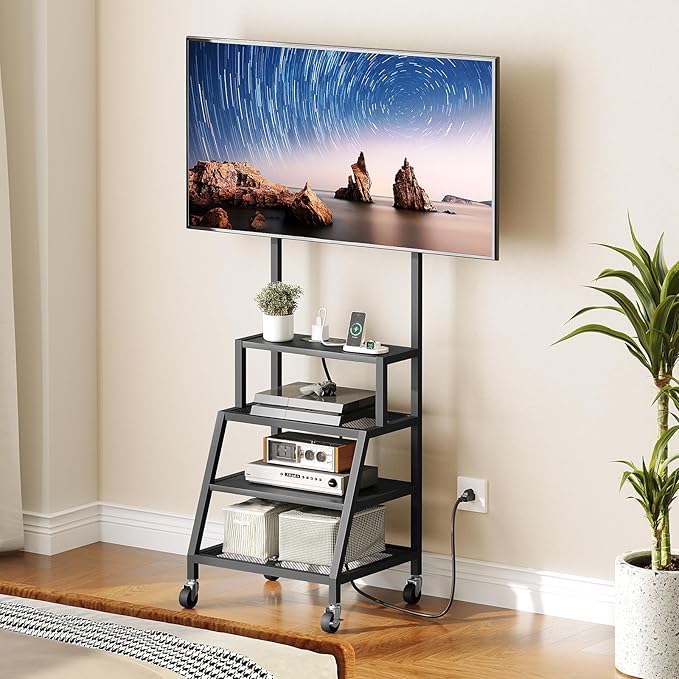 Rolling TV Stand with Mount Corner TV Console with Wheels Up to 55 Inches Entertainment Center with Storage Small TV Stand with Power Outlet for Living Room Bedroom Black TVBK117E01