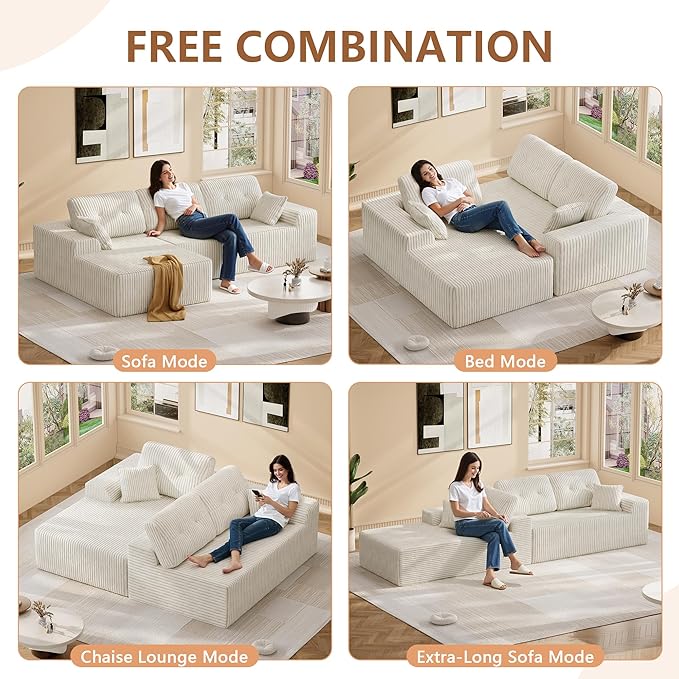 Ball &amp Cast 106 Cloud Modular Sectional Sofa Boneless Corduroy Couch with Deep Seat Comfy L-Shaped Sectional Modern Upholstered Sofa for Living Room No Assembly (Beige Left Facing Chaise)