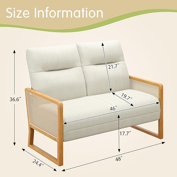 Alunaune Modern Loveseat Bench Couch with Natural Rattan Arm Upholstered Linen Small Love Seat Sofa 2-Seats Living Room Couch Settee Comfy Lounge Recliner Chair-Ivory