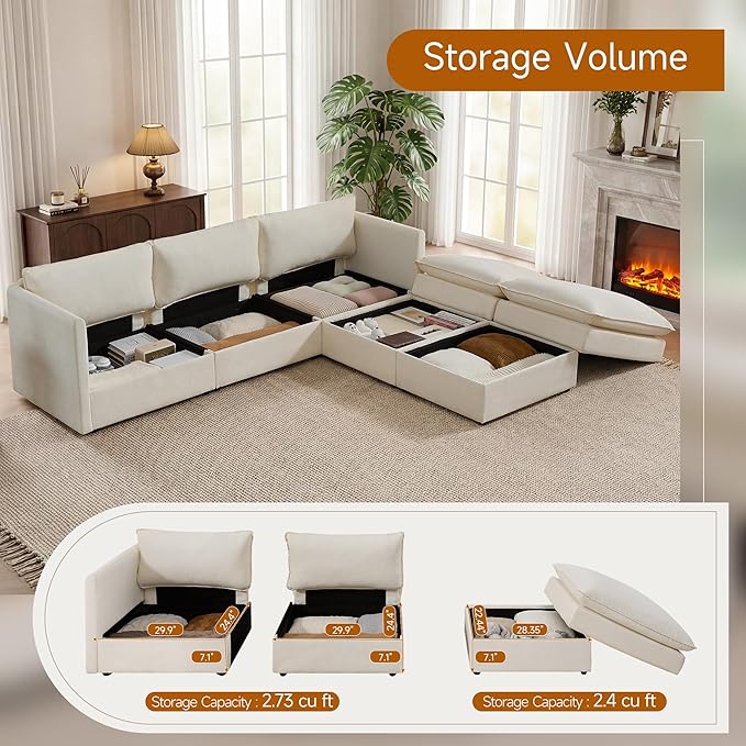 Modular Sofa with Storage 103 U-Shape Sectional Cloud Couch Deep Seat Comfy Fabric Couch for Living Room (Beige Chenille) | Convertible Storage Deep Seat Design Sturdy Wood Frame Effortless Asse