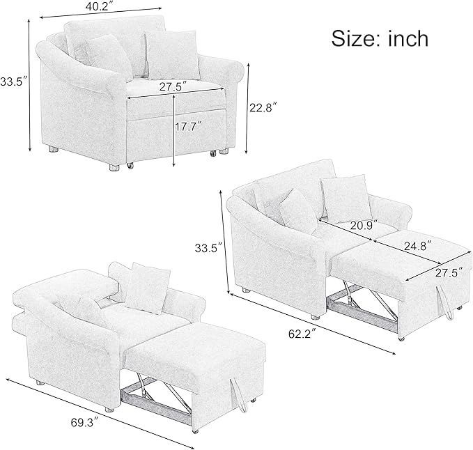 Convertible Sleeper Chair with Adjustable Backrest 3-in-1 Sleeper Chair with Metal Frame 3 in 1 Lounger Chair Turns Into Bed Chenille Fabric Single Bed for Living Room