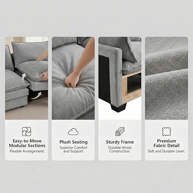 Homy Casa 102 Inch L Shaped Couch Set3-Seat Sectional Sofa with Chaise Comfortable Chenille Fabric Removable Cushions Ottoman DIY CombinationModern Design for Living/Family Room (Grey)