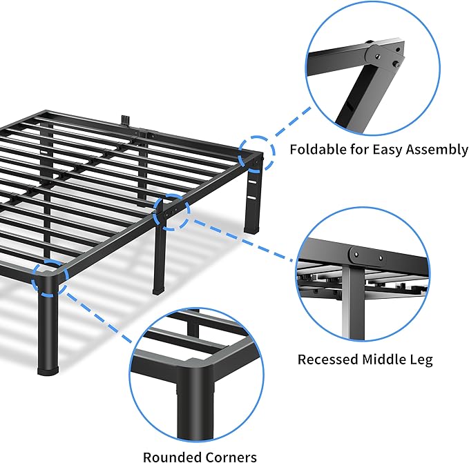 18 Inch Twin XL Bed Frame 3500Lbs Heavy Duty Metal Platform with Round Corner Legs Mattress Slide Stopper Steel Slat Support No Box Spring Needed Noise Free Non-Slip Easy Assembly