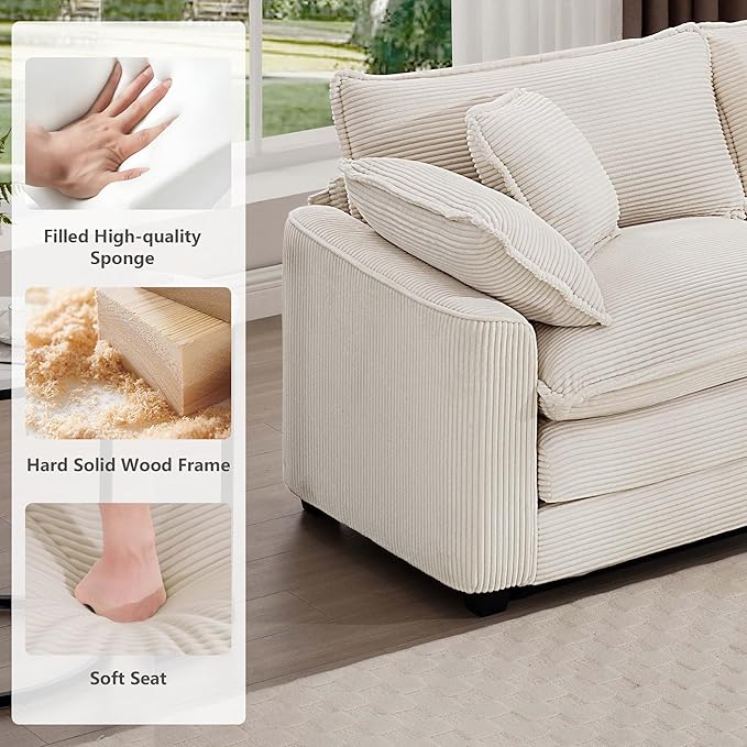 mikibama Luxury 3 Piece Sofa Set Loveseat Couch &amp 2 Single Sofa Set Modern Corduroy Comfy Cloud Couches Set for Living Room Office with 2 Armrest Pillows and 4 Toss Pillows Beige