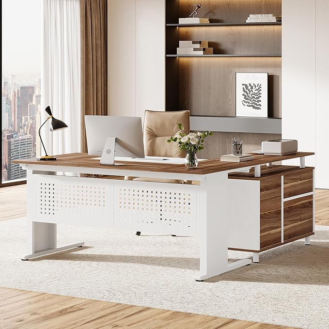 Tribesigns 63-Inch L-Shaped Executive Desk with Storage Shelves Large Office Computer Desk with Drawers and File Cabinet Industrial Business Workstation for Home Office Walnut and White