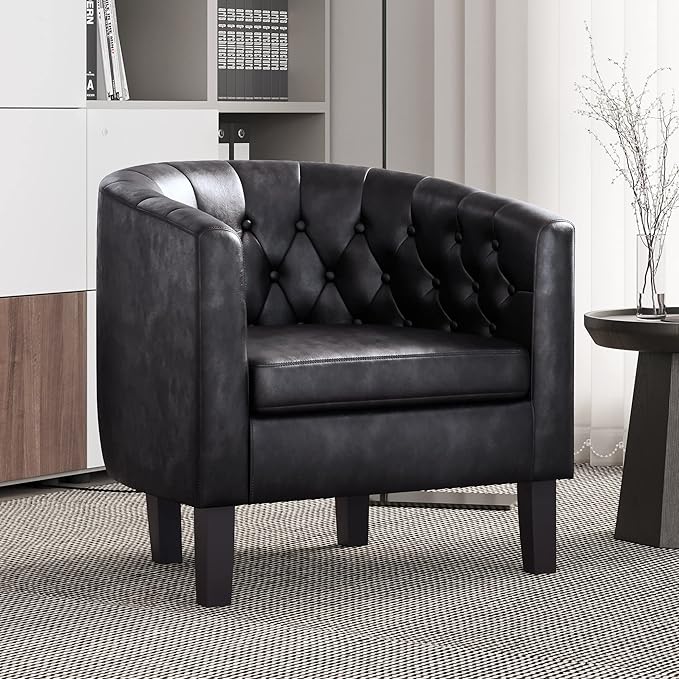 BELLEZE Black Accent Chairs for Living Room Set of 2 Elegant Arm Chairs Upholstered Tufted Barrel Chairs Club Chairs for Bedroom with Sturdy Legs and Faux Leather - Berlinda (Black)