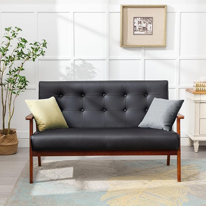 STHOUYN Black Small Leather Couch for Office Booth Seating 2 Person Waiting Room Bench Couch Mid Century Modern Loveseat Wood Sofa (Black)