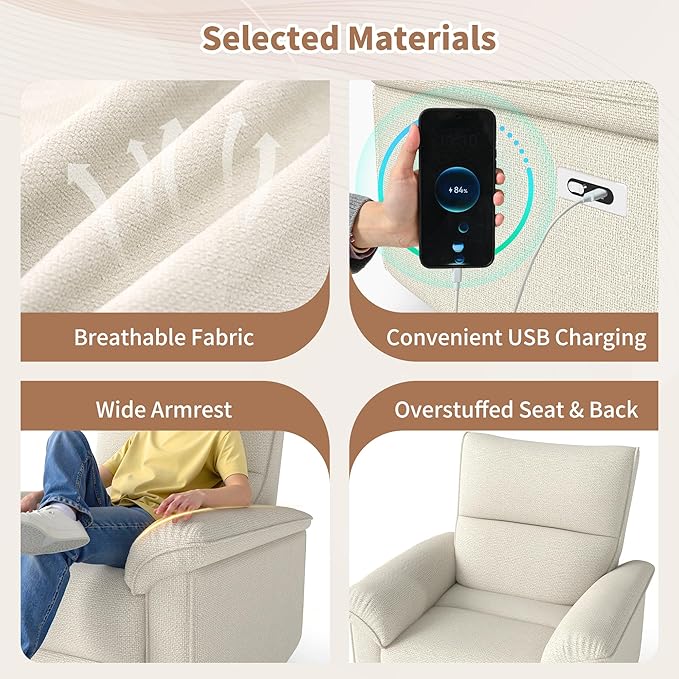 KEIKI Wall Hugger Recliner Chair Zero Wall Electric Recliner Chairs with USB Port Electric Recliner for Living Room Fabric Reclining Armchair for Small Space Beige