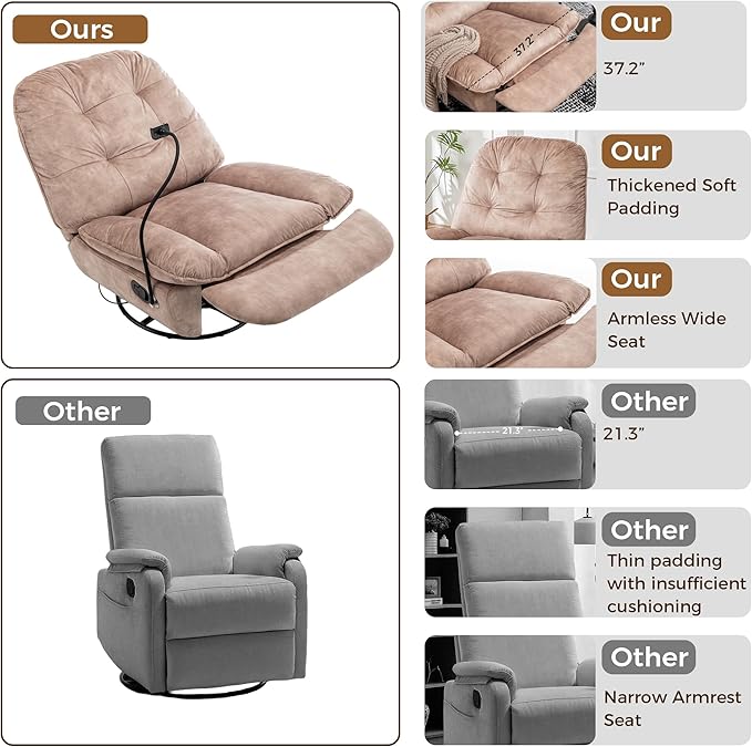 Swivel Rocker Recliner Chair for Adult Glider Nursery Rocking Chair Armless Single Recliner Sofa for Living Room Oversized &amp Overstuffed Phone Holder Included Brown