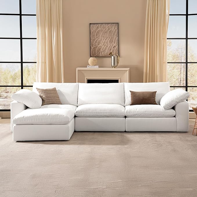 Modular Sectional Cloud Sofa for Living Room 110.2 L-Shaped Comfy Cloud Couch with Storage Ottoman 3-Seat Cozy Couch Deep Seat Wide Armrest Modern Sofa for Bedroom (White1 Ottoman)