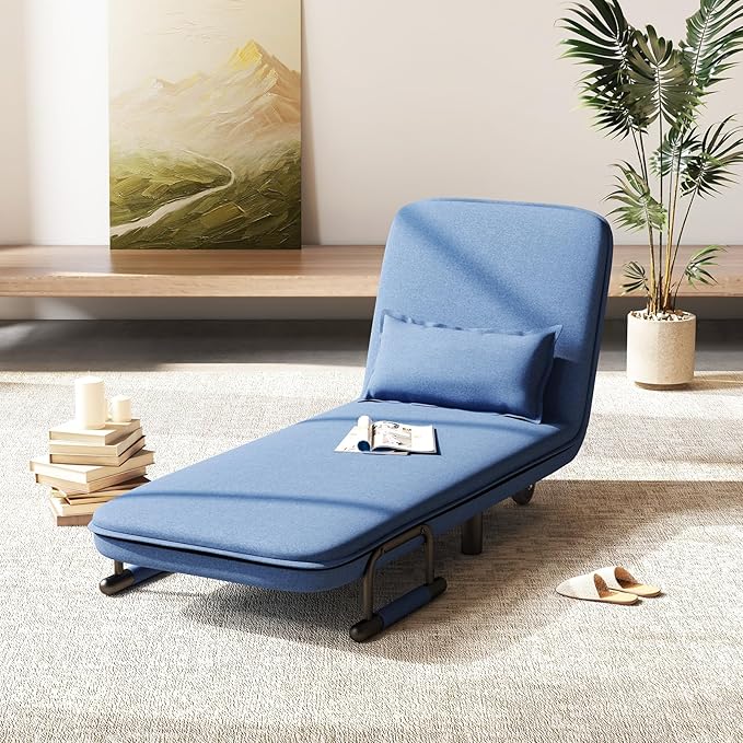 Giantex Convertible Sofa Bed 3-in-1 Folding Sleeper Chair with 5-Position Adjustable Backrest Wheels 2 Legs Recliner Chaise Lounge with Pillow Armchairs for Nursery Living Room Office (Blue)