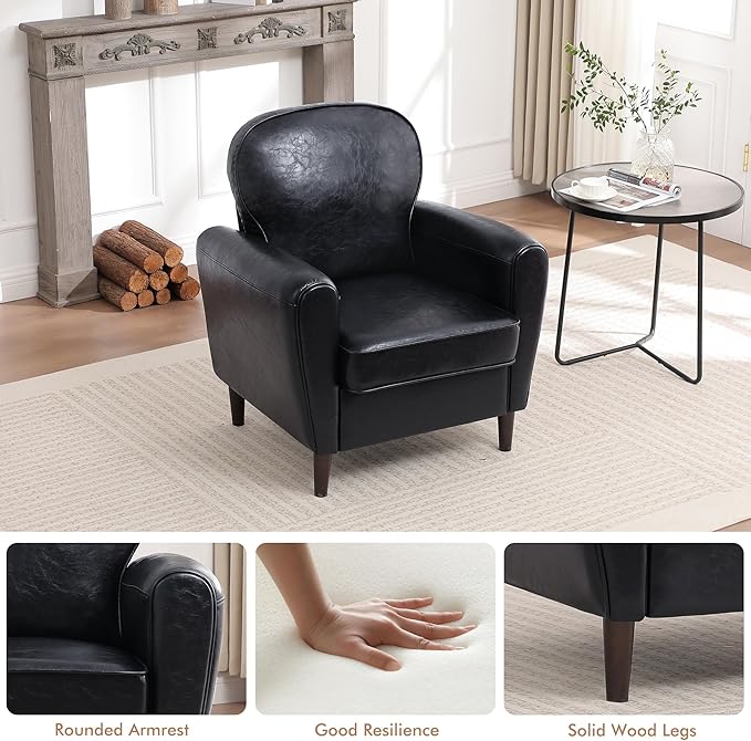 Accent Chair Set of 2 Mid Century Modern Faux Leather Arm Chair with Thick Cushion and Back Comfy Upholstered Reading Chair Single Sofa Chair for Living Room Bedroom Club Black