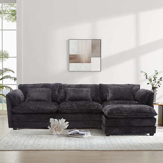 Modern 112 L Shaped Sectional Sofa Cloud CouchChenille Comfy Boucle Modular Sleeper Sofa Upholstery Sofa with Ottoman &amp Memory Foam for Living Room Black