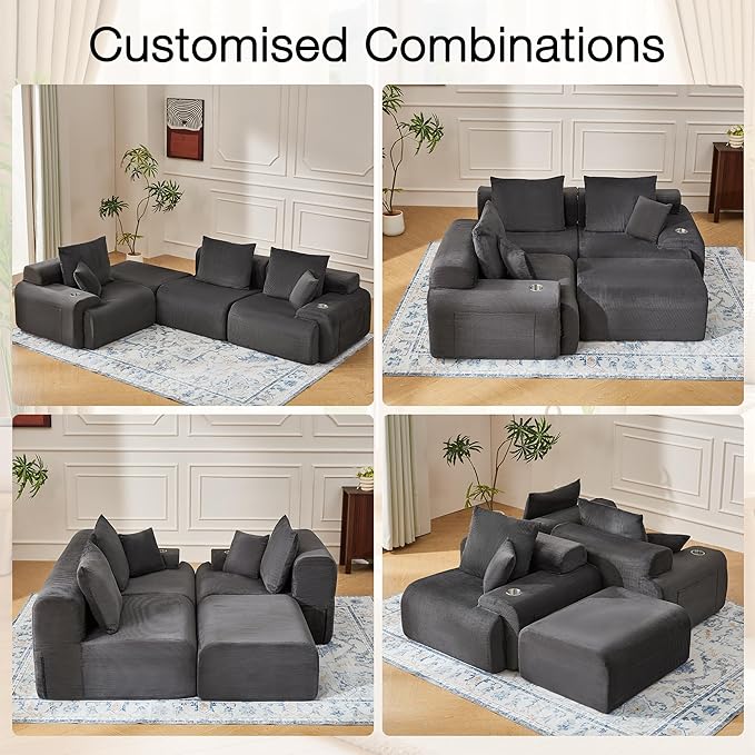 HOMREST 118 L-Shaped Modular Sectional Sofa for Living Room Corduroy Upholstery Cloud Sofa with Movable Ottoman Oversized Boneless Couch with Deep Seat No Assembly Required (Charcoal Blue)
