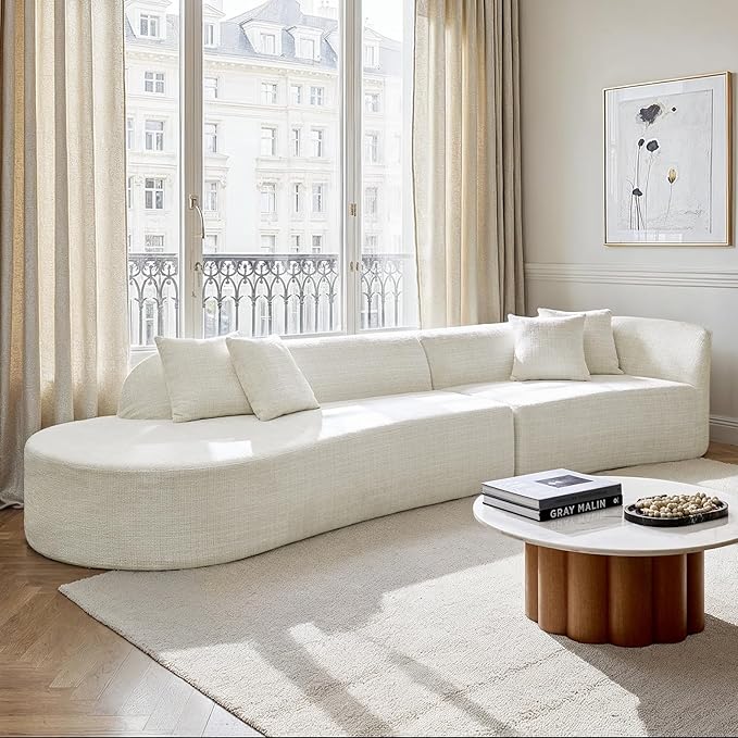 141.75 Modern Curved Compressed Sofa All-Foam Cloud Couches with 4 Pillows No Assembly Required Boneless Sectional Sofas Large Floor Couch for Living Room Ivory