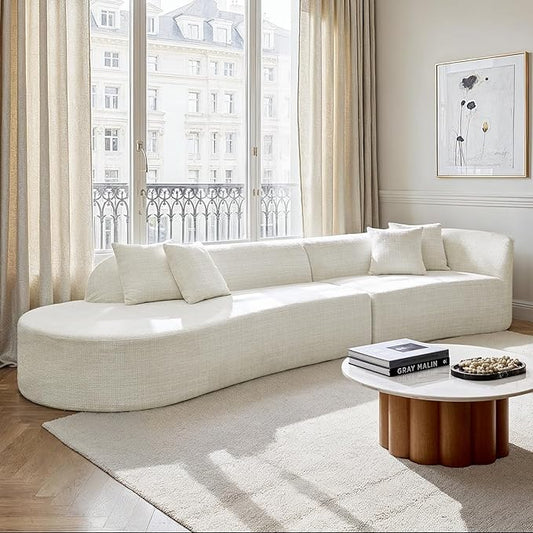 141.75 Modern Curved Compressed Sofa All-Foam Cloud Couches with 4 Pillows No Assembly Required Boneless Sectional Sofas Large Floor Couch for Living Room Ivory