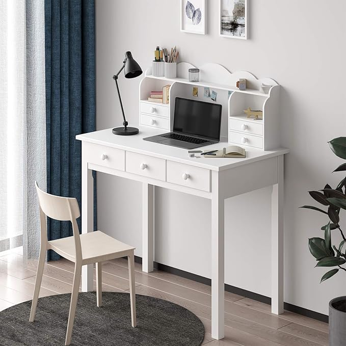 ADORNEVE Writing Desk with 7 Drawers Home Office Desk with Hutch Student Desk Study Table Small White Desks Solid Pine Wood Legs