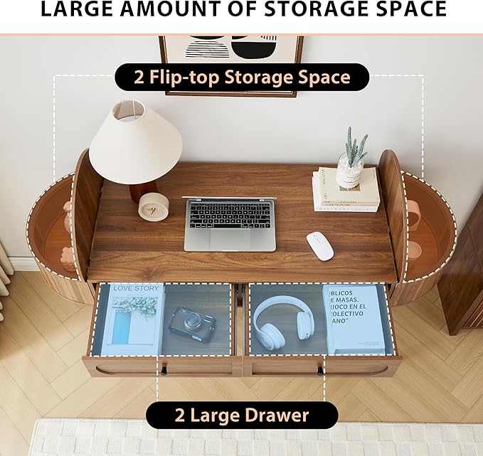 Mid-Century 59 Wood Writing Desk Home Office Computer Laptop Desk with 2 Flip Storage Space + 2 Drawer 150 CM Elegant Fluted Vanity Table Multifunctional Study Desk for Office Bedroom (Wlanut)