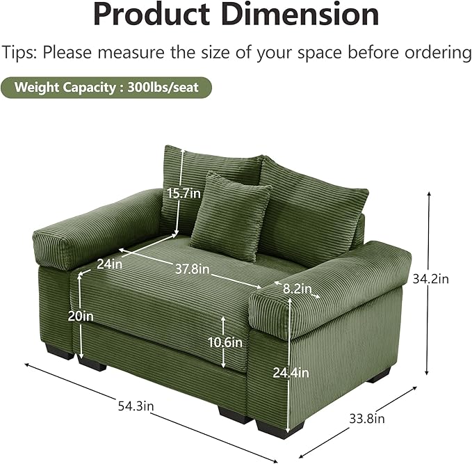 ERYE Modern Corduroy Upholstered Accent Chair Oversized Wider Seat Armchair Leisure Comfy Sofa Chair with Removable CushionArmrests and 3 Pillows for Home Apartment