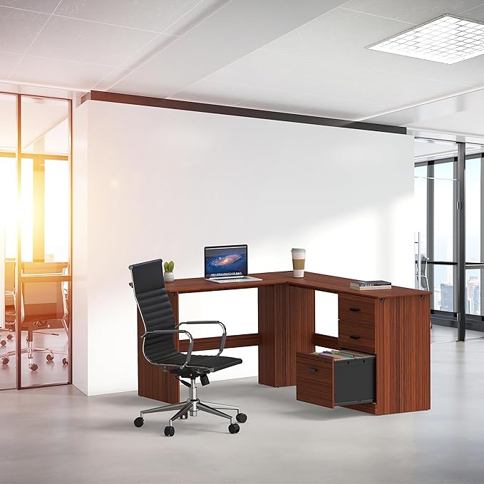 SHW 51 x 59 Inches L-Shaped Home Office Wood Corner Desk with Box Box File Drawers Walnut
