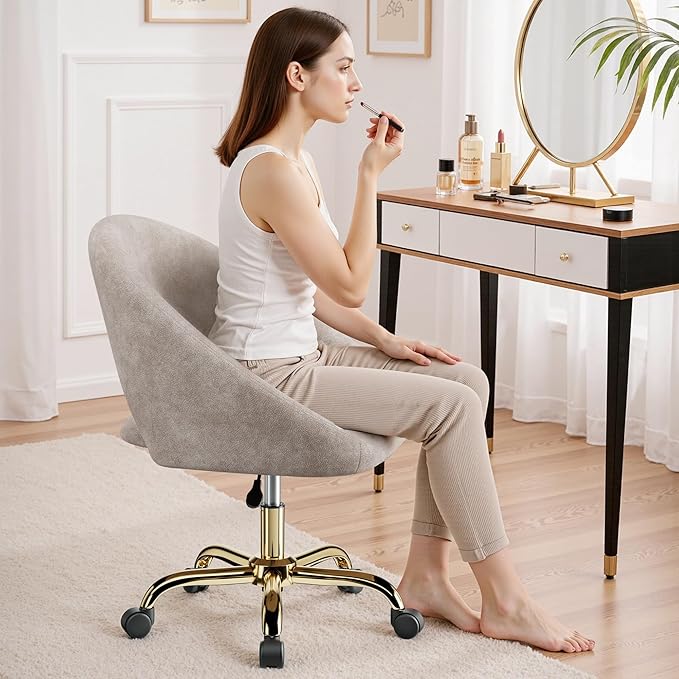 Vanity Chair with Wheels Waterproof Modern Makeup Vanity Chairs with Back Adjustable Height Comfy Cute Home Office Desk Chairs for Bedroom Living Room (Khaki)