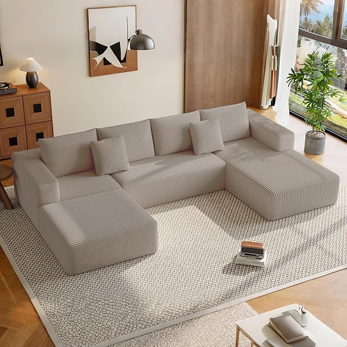 134.6'' U-Shaped Modular Sectional SofaModern Comfortable Corduroy Cloud CouchConvertible Boneless Couches for Living Room with OttomanNo Assembly(Camel)