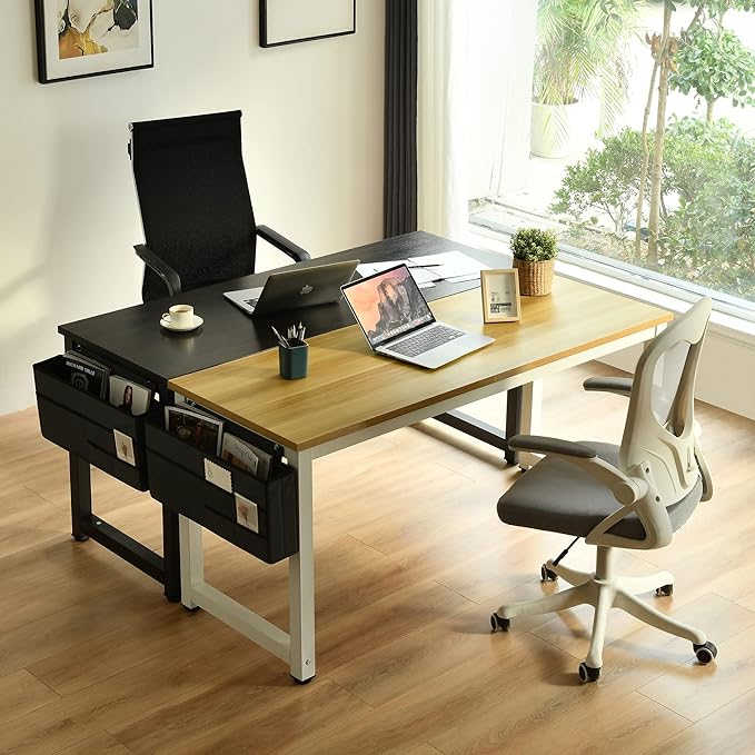 Large Computer Desk - 63 Inch Home Office Desks Study Student Writing Table Gaming Desk Wood Modern Simple Table with Storage Bag &amp Headphone Hooks Rustic White