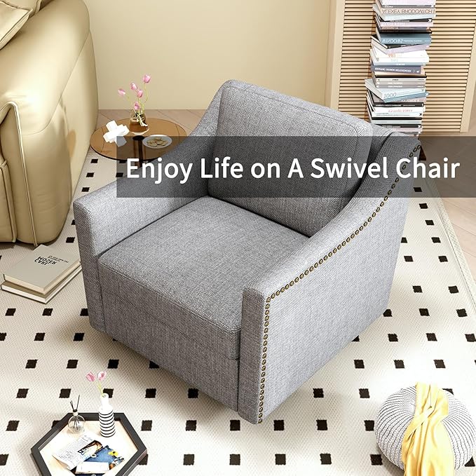 QMIT Cotton Linen Fabric 360° Swivel Accent ChairBarrel Chairs for Bedroom Living Room (Light Gray)