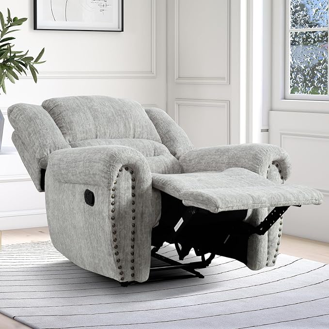 INZOY Recliner Chair Heavy Duty Manual Reclining Sofa Single Lounge Sofa for Living Room Home Theater Seating Grey White