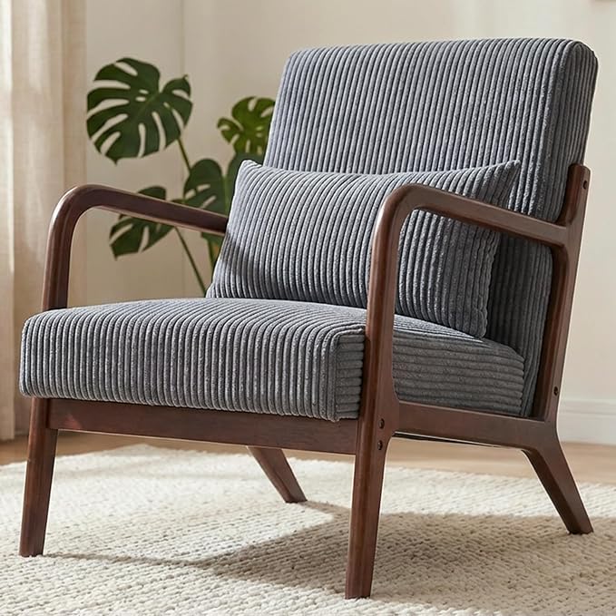 Mid Century Modern Accent Chair Upholstered Corduroy Armchair with Lumbar Pillow Solid Rubberwood Frame for Living Room Bedroom Waiting RoomDark Grey