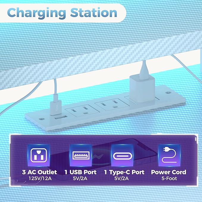 DUMOS L Shaped Gaming Desk with Shelves Storage Drawers 52'' White Computer Desks with LED Lights Power Outlets Office Wood Table with PC Stand Cable Management for Bedroom Dual Monitor Streaming