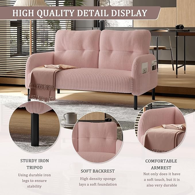 Pink Small Loveseat Sofa - 47 Mini Couch for Bedroom Comfy Corduroy Fabric 2-Seat Sofa Couch with Solid Wood Frame for Living Room Small Space Dorm Easy Assembly (Pink) | Sturdy and Durable