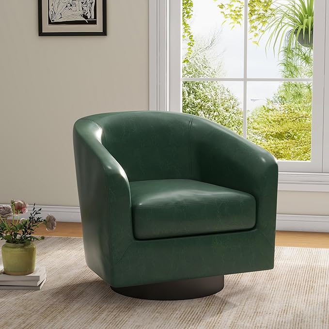 UIXE 360° Swivel Barrel Accent Chair Armchair PU Leather Round Club Arm Chair for Lving Room Modern Upholstered Small Bedroom Single Sofa Seat - Green Set of 4