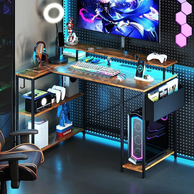 L-Shaped Gaming Desk with LED Lights &amp Power Outlets 48 Computer Table with Storage Shelves Monitor Stand Home Office Desk with Metal Frame Rustic Brown/Black (Rustic Brown)