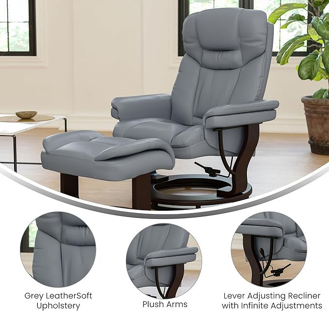 Flash Furniture Allie Contemporary Multi-Position Recliner and Curved Ottoman with Swivel Mahogany Wood Base in Gray LeatherSoft
