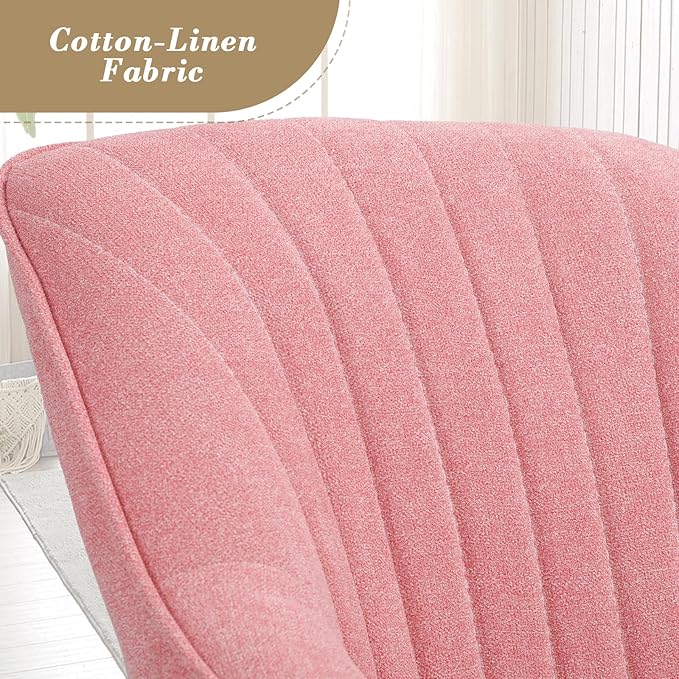 Athena Collection Swivel Modern Accent Chair Linen Upholstered Armchair Office Desk Chair No Wheels with Wooden Legs Comfy Vanity Chair Reading Chair for Bedroom Living Room Office Pink