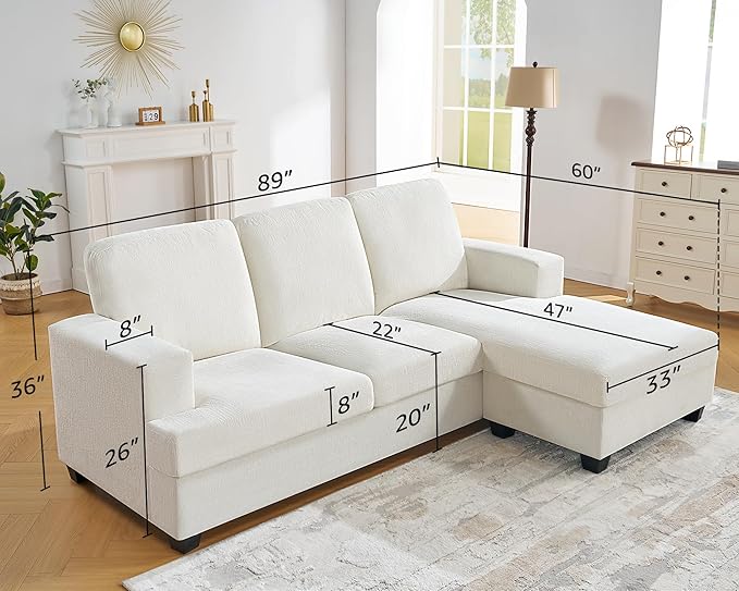 VanAcc 89 Inch Convertible Sofa with Storage Reversible L Shape Sofa Couch with Chaise Comfy Couches for Living Room Beige Chenille