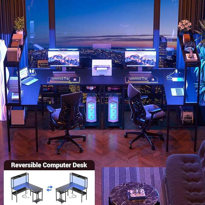 Unikito L Shaped Gaming Desk with LED Strip and Power Outlets Reversible L-Shaped Computer Desk with Storage Shelves Corner Desk with Hutch 2 Person Home Office Desk Black