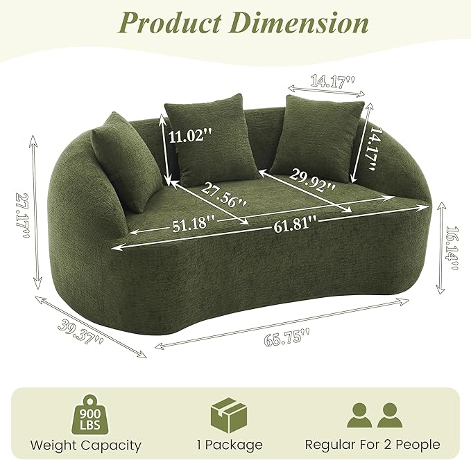 65.75 Curved Loveseat SofaBoneless Loveseat Couch11.02 Raised BackrestDeep SeatWood Grain Chenille Fabric Curved Sofa Couch for Small Spaces (Green65.75)