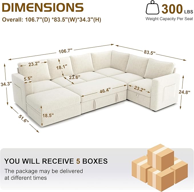 106.7 Sectional Sleeper Sofa with Pull Out Couch Modern 7 Seat U Shaped Modular Couch Sectionals Modular Sofa with Storage Comfy Sectional Couches for Living Room &amp Apartment Light Beige