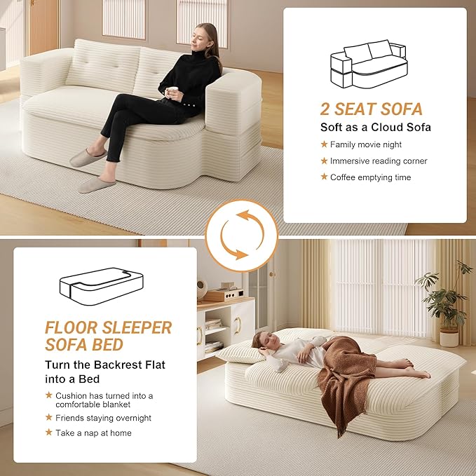 78.7'' Convertible Sleeper Sofa Corduroy Floor Foam Compression Loveseat Sofa Bed Couch Modern Folding Futon Couch Foldable Full Size Guest Bed with 2 Pillows and Blanket for Living Room (Beige)