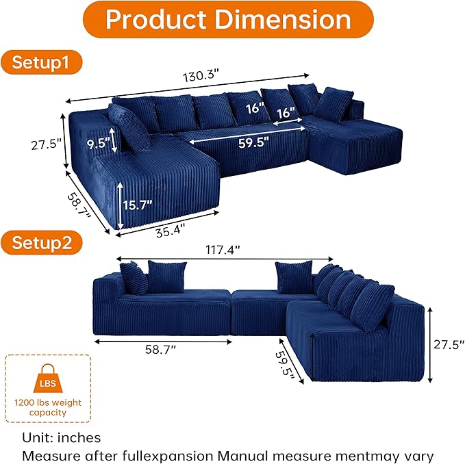 Cloud U-Shaped Sectional Couch130 Modular Boneless Couch for Living RoomModern 4 Seat Corduroy Sofa with ChaiseDeep SeatNo Assembly Required (Blue)
