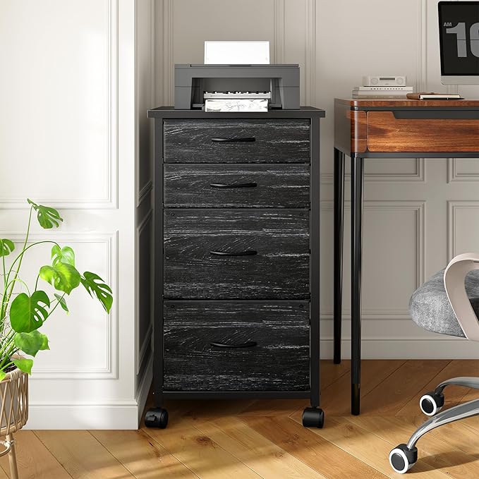4 Drawers Mobile File Cabinet Vertical Filing Cabinet with Fabric Drawer Fits A4/Letter Size Printer Stand for Home OfficeBlack