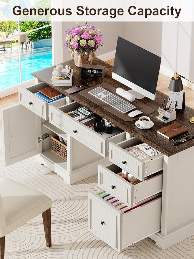 Vipbear 60 Farmhouse Executive Desk with Drawers and Cabinet Embossed Texture Wood Home Office Desk Rustic Computer Writing Desk Workspace for Work Study Writing