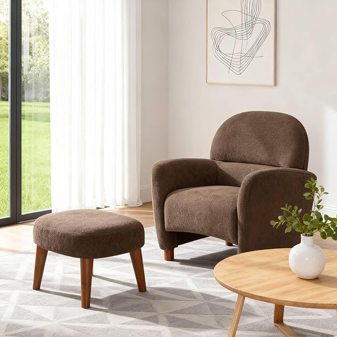 Accent Chair and Ottoman Set Modern Upholstered Barrel Chair w/Footrest Small Comfy Armchair Boucle Couch Single Sofa Chair for Living Room Lounge Bedroom Reading Corner Brown