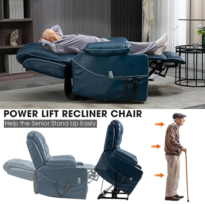 Large Power Lift Recliner Chair Sofa with Massage and Heat for Big and Tall ElderlyInfinite PositionsDual MotorCup HoldersAir Leather Home Theater Seat