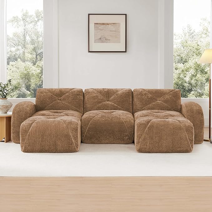110-Inch Cloud Sectional Couches U-Shaped 5 Seat Boneless Modular Sofa with Ottomans Velvet Tufted Upholstered Boneless Couch Floor Full Foam Sofas for Living Room
