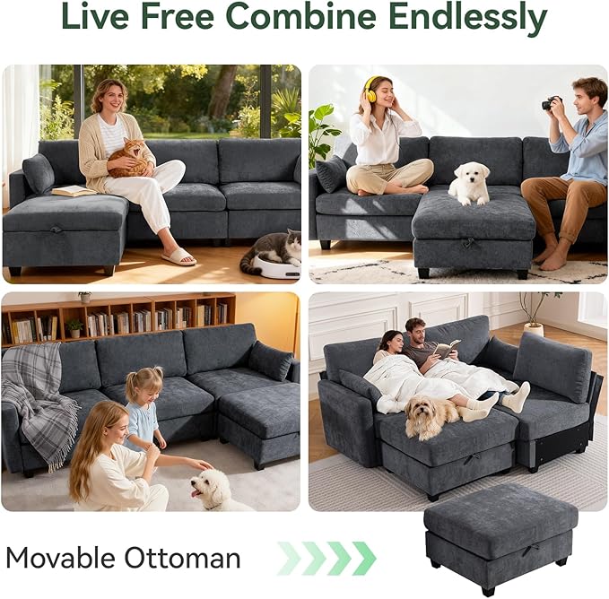 109'' Modular Sectional Sofa L Shaped Couch with Storage Ottoman Comfy Cloud Sofa with Deep Seat 4 Seat Convertible Sectional Couches for Living Room (Gray High Legs 3.15'')